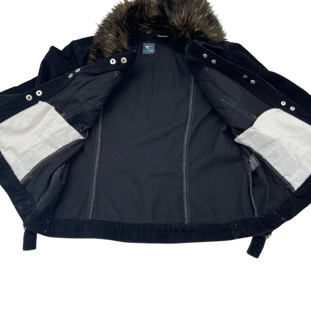 Women's Black Corduroy Jacket y2k Faux Fur Detachable Collar French Cuff Size PL